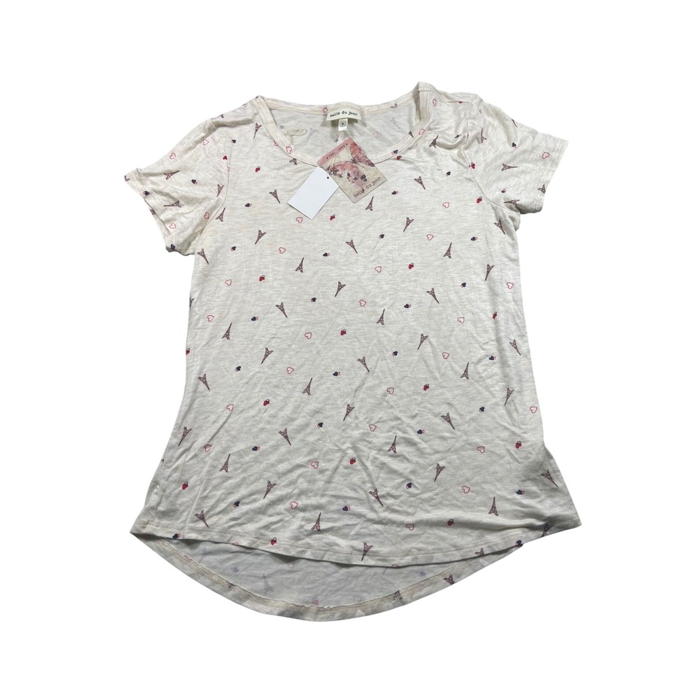 Belle du Jour Womens Small Paris Eiffel Tower Heart Print Tee Shirt NWT
